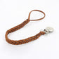 Brown braided pacifier chain with silver-tone clip and hanging loop