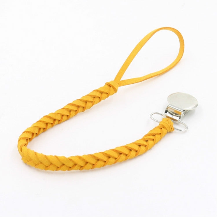 Yellow braided baby pacifier chain with silver-tone clip and loop