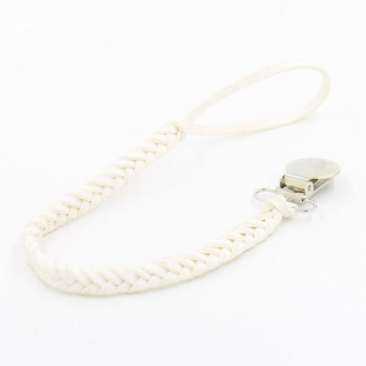 White braided baby pacifier chain with silver-tone clip and loop