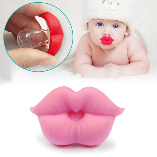 Red silicone newborn pacifier shaped like lips with clear nipple shield