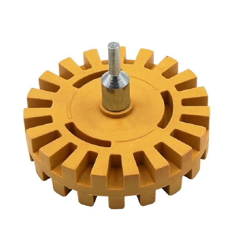 Rubber polishing removal wheel with metal shank, yellow-brown toothed disc