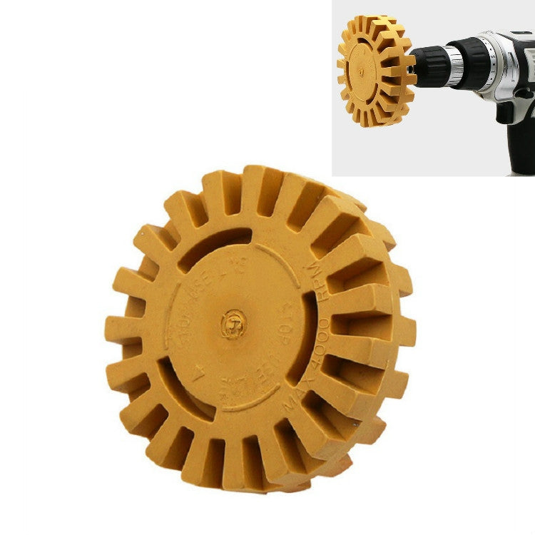 Rubber polishing removal wheel attachment, yellow-brown toothed disc with center bolt