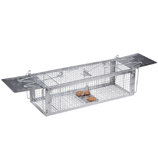Wire mouse trap cage with two end doors and black bait-cover panels