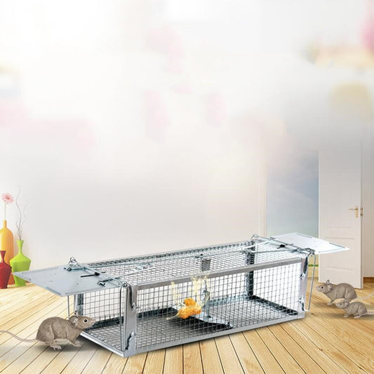Wire mouse trap cage with double doors and removable dark base tray