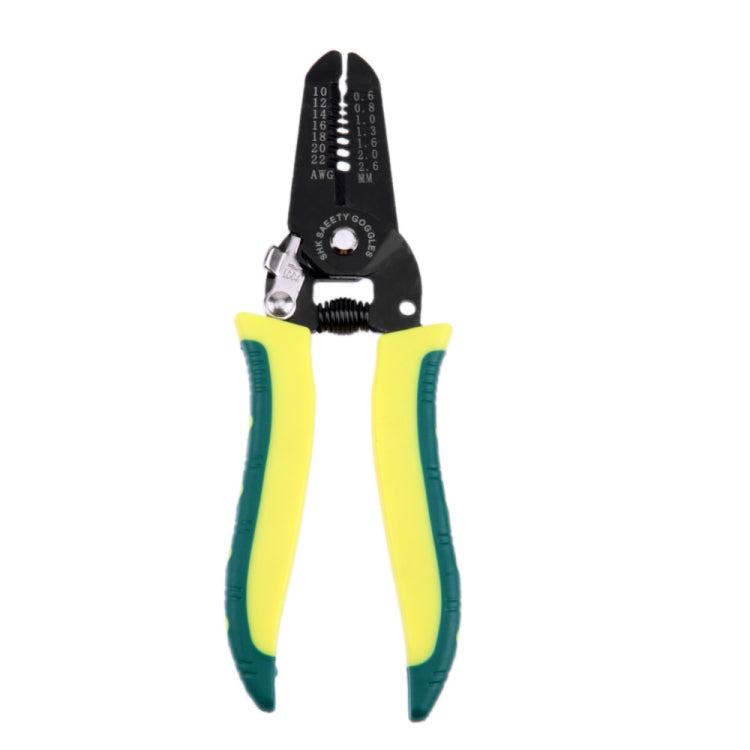 Cable stripping tool with black head, serrated jaws, and yellow-green handle grips