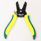 Cable stripper with black multi-tool head and yellow-green insulated grips