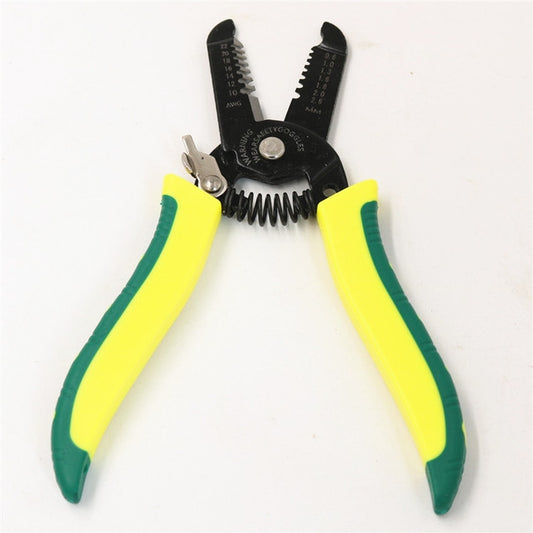 Cable stripper with black multi-tool head and yellow-green insulated grips