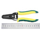 Cable stripper tool beside ruler, black head with yellow-green handles