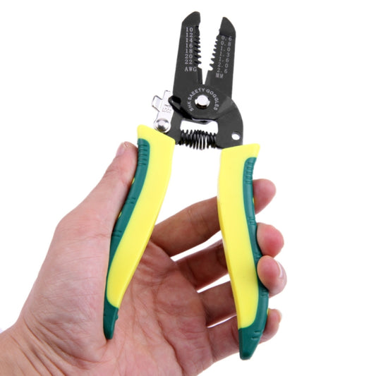 Portable cable stripper tool with black cutting head and yellow-green grips
