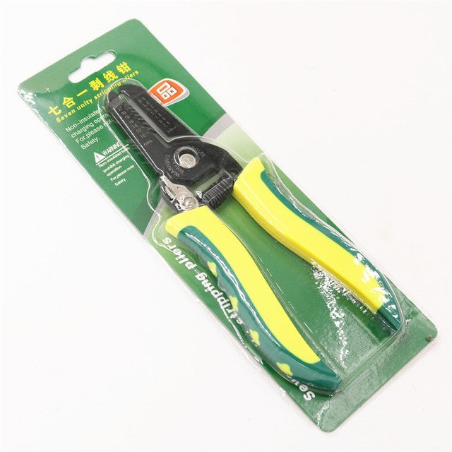 Cable stripper tool in blister packaging with green backing and yellow-green handles