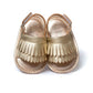 Baby fringed sandals in gold PU, front view, open toe with ankle strap