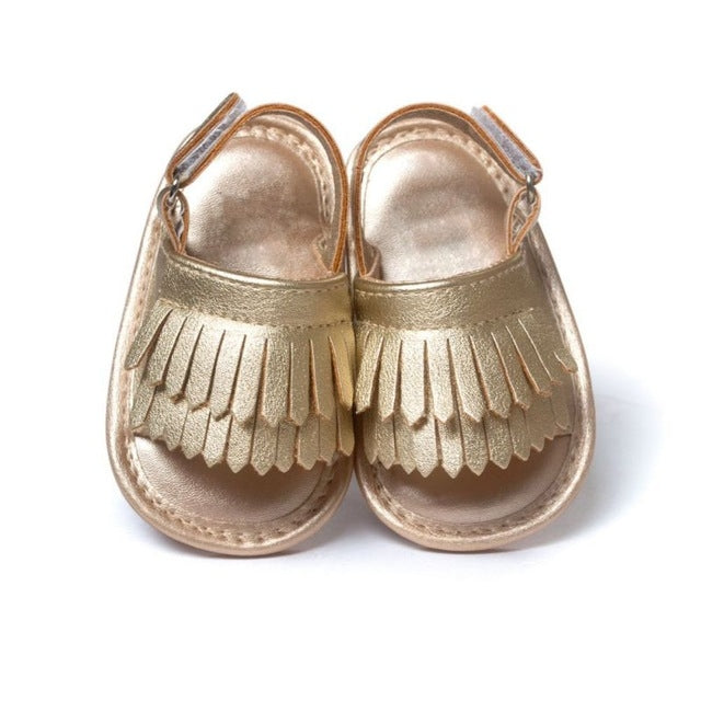 Baby fringed sandals in gold PU, front view, open toe with ankle strap