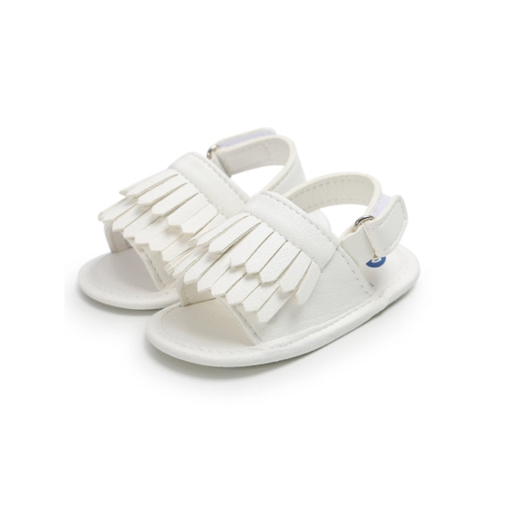 Baby fringed sandals in white PU, side view, tassel fringe across vamp