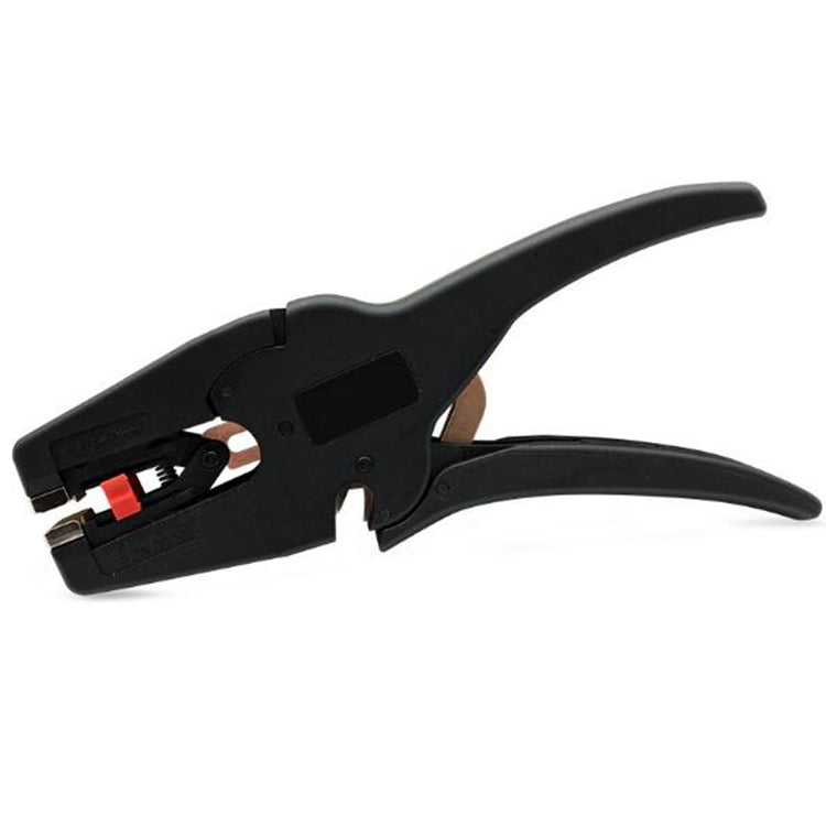Black self-adjusting insulation stripping pliers with trigger handle for electrician repair