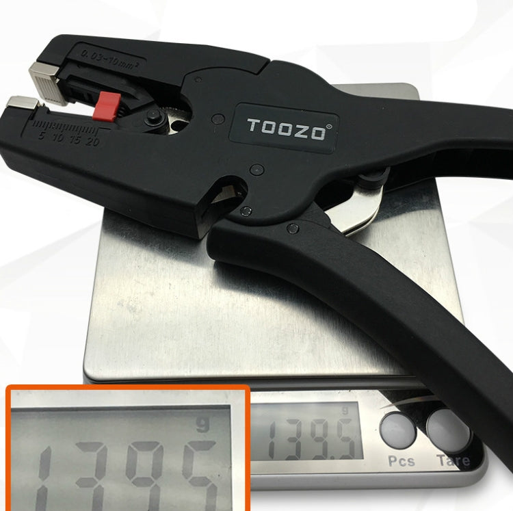 TOOZO self-adjusting wire stripping pliers with long jaws and textured black grips
