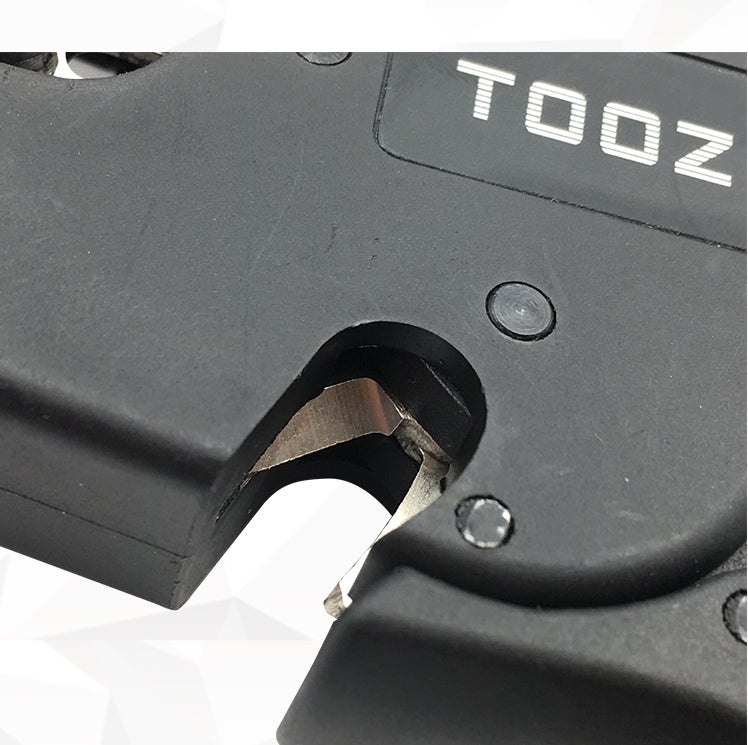 Close-up of black wire stripper jaw and metal cutting edge on TOOZO pliers