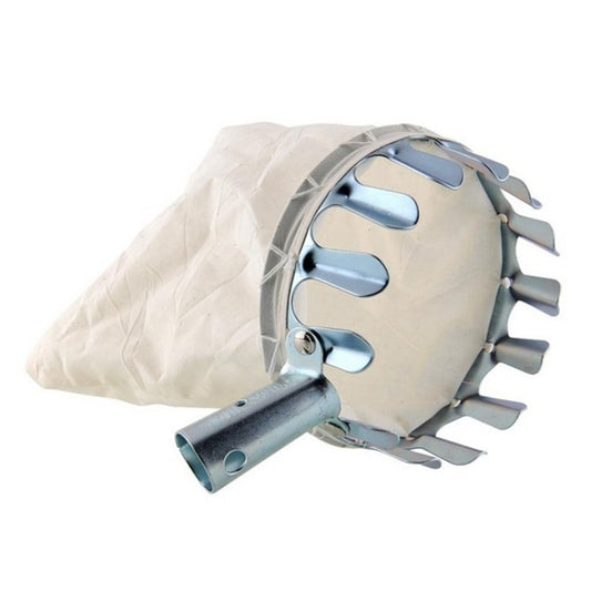 Metal fruit picker with serrated head and white fabric collection bag