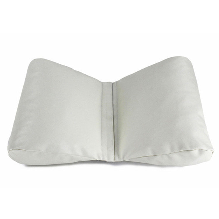 Gray newborn positioning cushion with curved sides and center seam