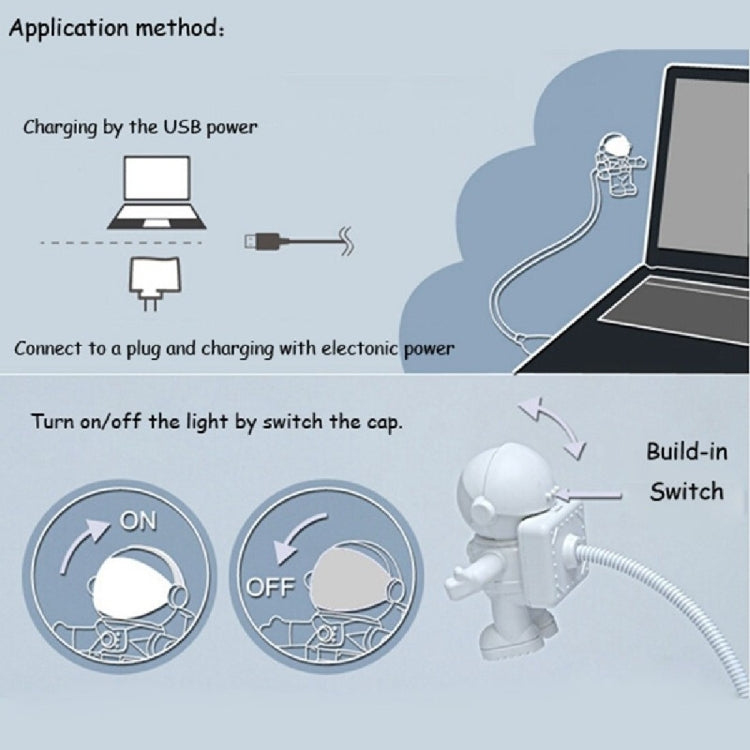Astronaut USB LED desk lamp charging diagram with built-in on/off switch