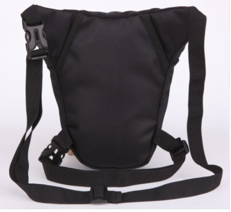 Black motocross waist bag with crossbody strap, front pocket, and adjustable waist belt