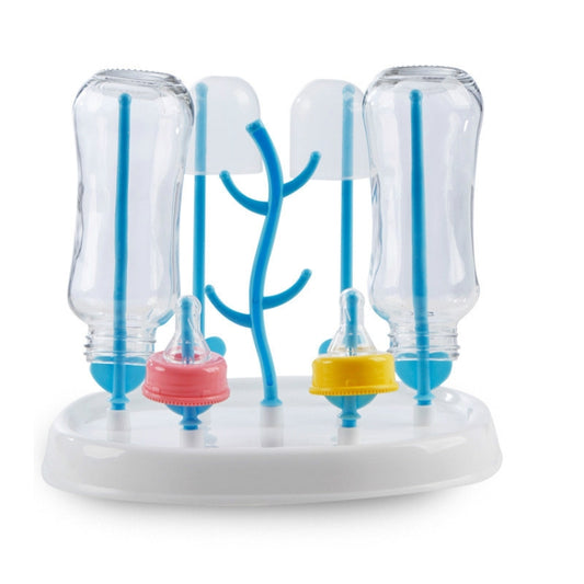 Infant milk cup drying rack holding two clear baby bottles with blue pegs