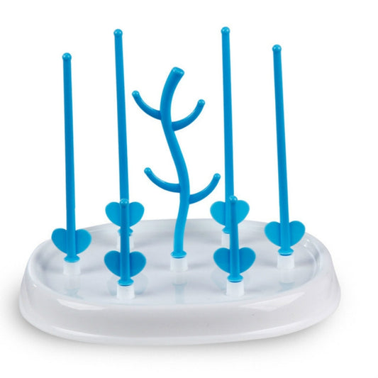 Infant milk cup drying rack with blue tree-shaped prongs and round white base