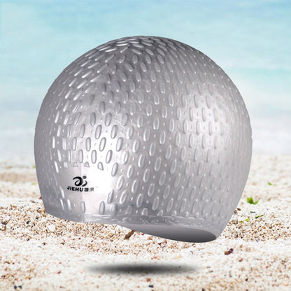 Gray silicone swimming cap with water-drop texture and curved brim