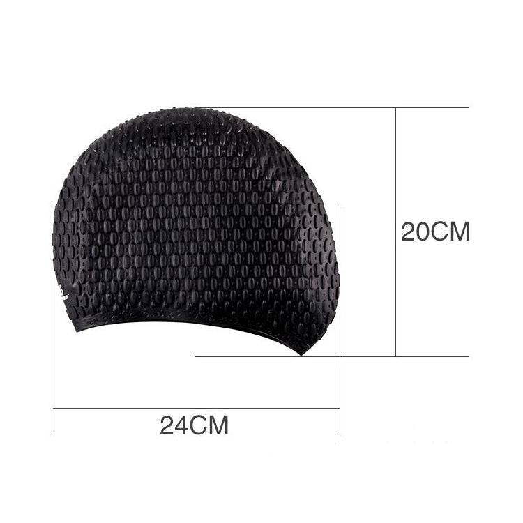 Large silicone swim cap with water-drop texture; 24cm width, 20cm height