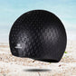 Black silicone swimming cap with water-drop textured surface and curved brim