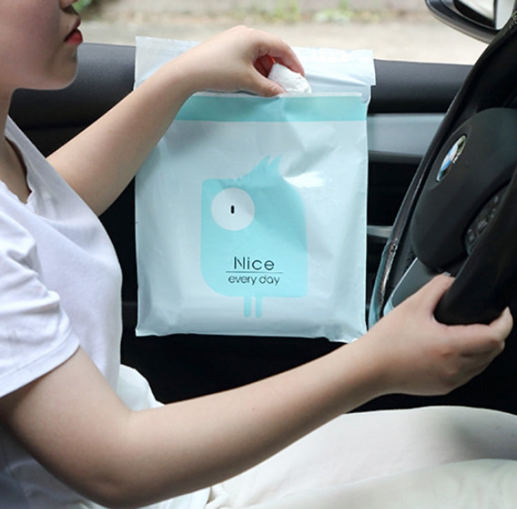 Aqua car garbage bag with cartoon bear face and 'Nice every day' label