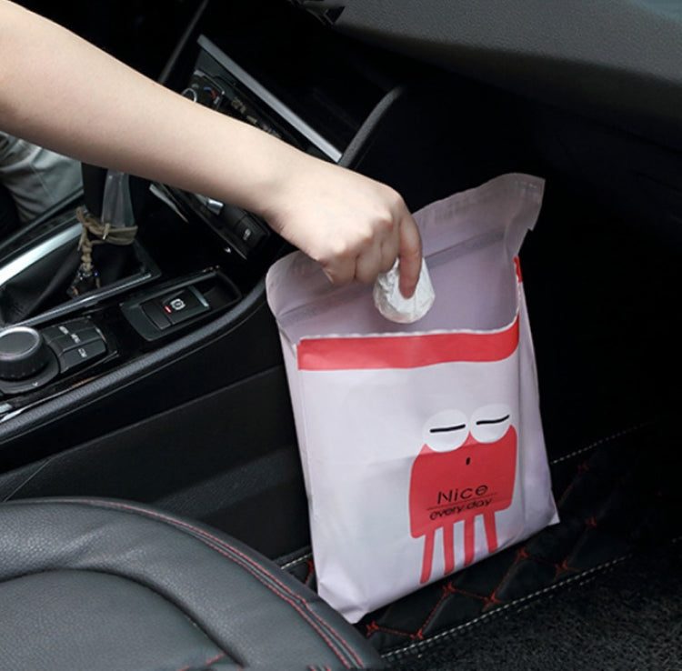 Pink car garbage bag with cartoon face and 'Nice every day' print on seat