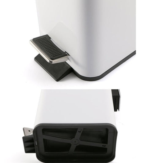White small rectangular foot pedal trash can showing underside and open internal bin
