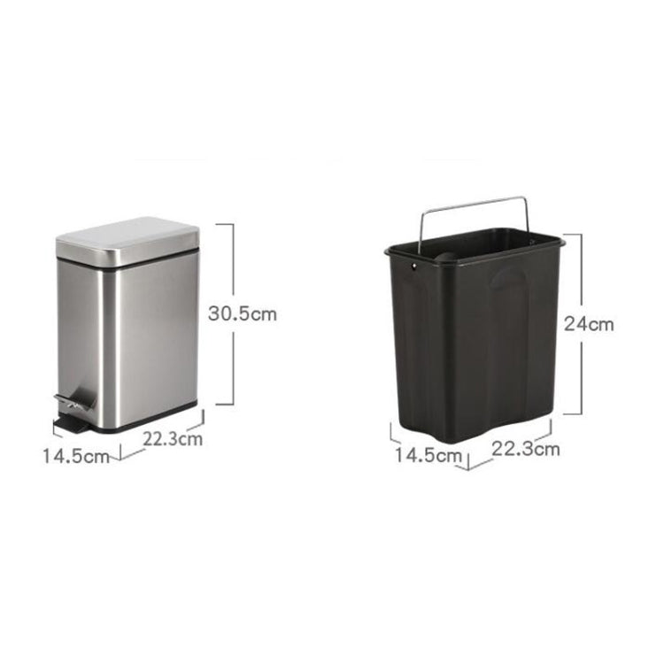 Small stainless steel foot pedal trash can with dimensions and pedal opening