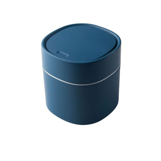 Blue mini covered desktop trash can with push lid and flip-top opening