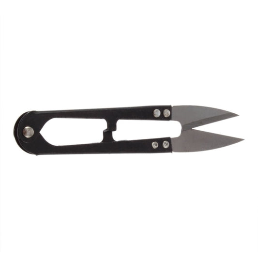 Mini embroidery scissors with black handle, stainless steel blades, and metal rivet details