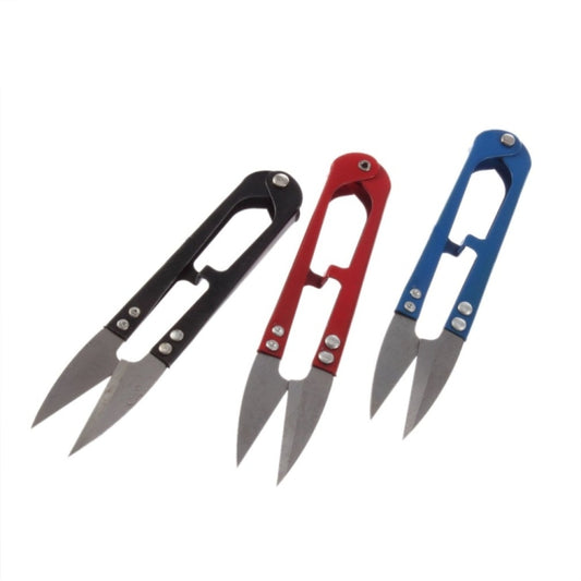 Mini embroidery scissors set of 10, stainless steel blades in black, red, and blue handles