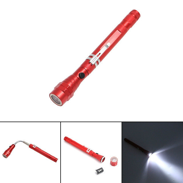Red flexible telescopic magnetic flashlight with 3 LED headlight beam