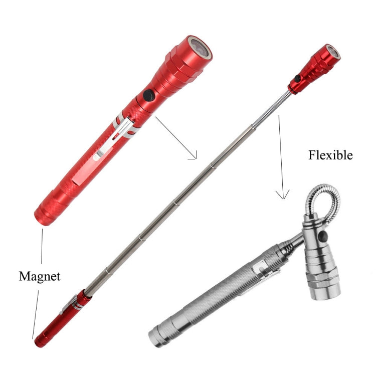 Flexible telescopic magnetic flashlight with extended steel rod and magnet hook