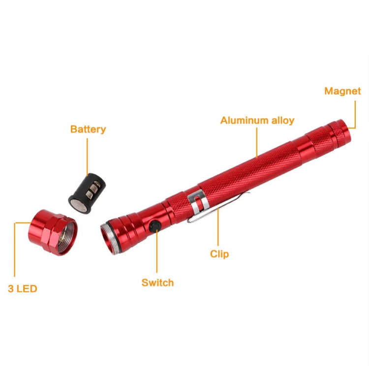 Red flexible telescopic magnetic flashlight labeled with switch, clip, and battery