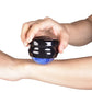 Blue massage roller ball massager held against forearm, black outer case.