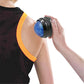 Blue massage roller ball massager rolling on leg, black outer grip.