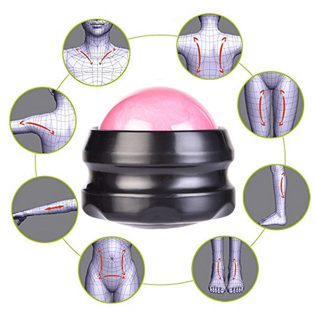 Pink massage roller ball with highlighted body pressure points diagram.