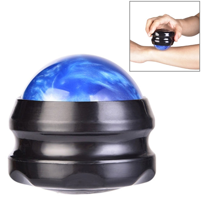 Blue massage roller ball with black ribbed base, close-up front view.