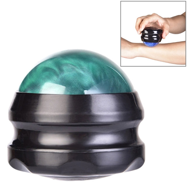 Green massage roller ball with black base, close-up front view.