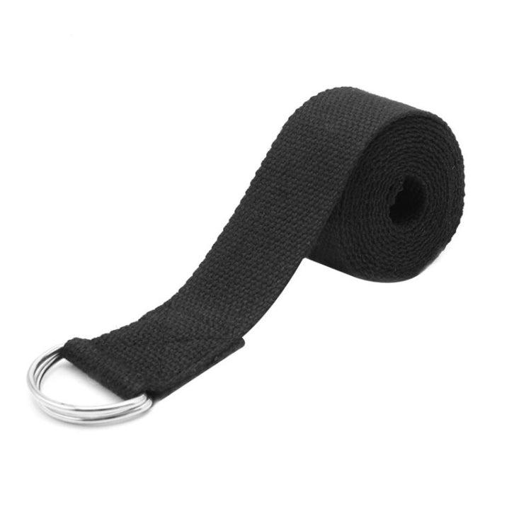 Black yoga stretch belt with metal ring anchor, rolled strap end