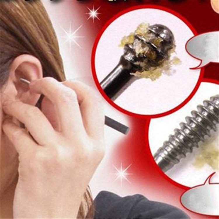 Ear cleaning tools set with one tool brushing a person’s ear; close-up