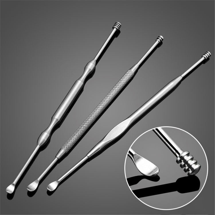 3-piece stainless steel ear cleaning tools with fine textured brush tip; detail inset