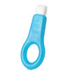 Blue oral cleansing tool with white cleaning head and oval handle opening