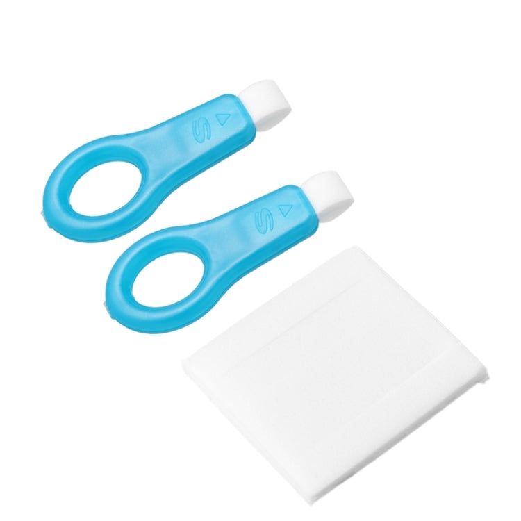 Two blue oral cleansing tools with white heads plus a white cleaning wipe pad