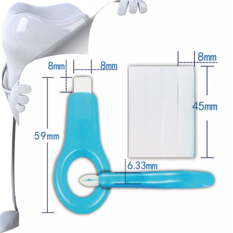 Blue oral cleansing device with white head, with size diagram markings